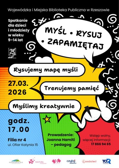 Grafika promująca spotkanie dla dzieci Myśl rysuj zapamiętaj